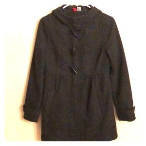 Very dark grey (almost black) pea coat.